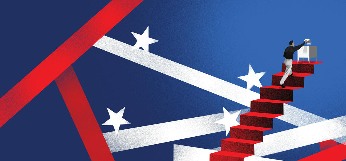 Illustration of person walking up stairs to ballot box; blue background with red and blue stripes and stars.