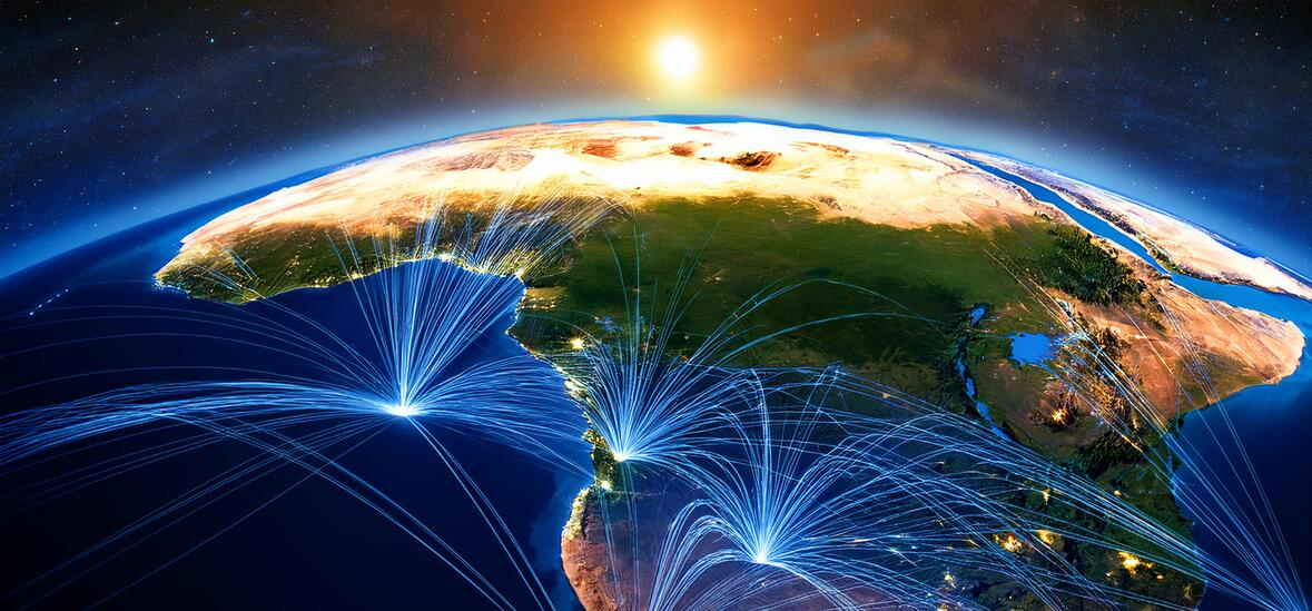 A wide-angle view of the Earth at night from space, focusing on the African continent.