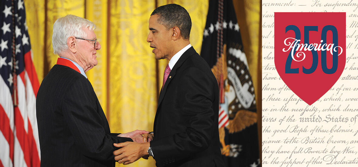 Wood and Obama shaking hands; 250th logo on top of shield shape sitting over the Declaration of Independence