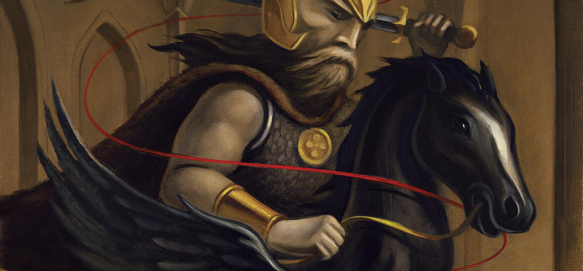 A warrior on a winged horse springs from a book written by a medieval monk