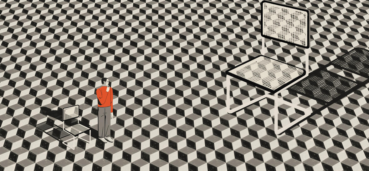 Illustration of pensive man standing by a chair