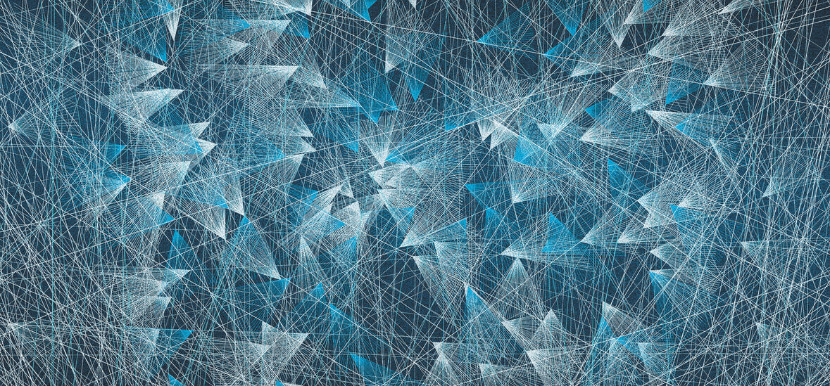 An abstract design in which seemingly random straight lines coalesce into sharp triangles, all pointing inward.