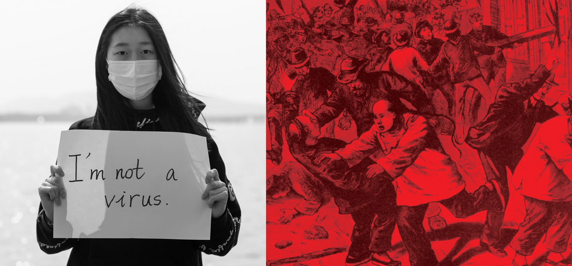 Woman holding sign that says "I am not a virus" next to red war illustration