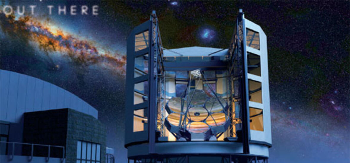 Modern telescope with the Milky Way in the background, with the words Out There overlaid.