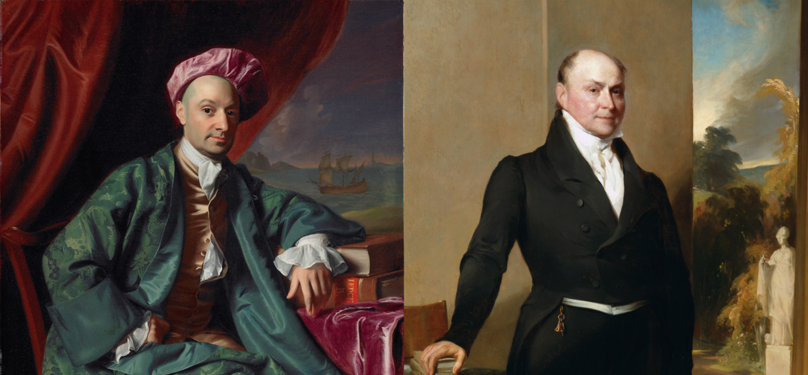 Side-by-side portraits: on the left, a man in a vibrant pink hat and teal robes; on the right, a man in a plain black suit.
