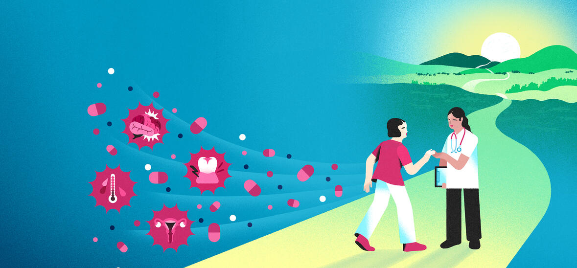 illustration of different health symbols in red bubbles floating around a women and her doctor walking on a yellow road leading to sunshine