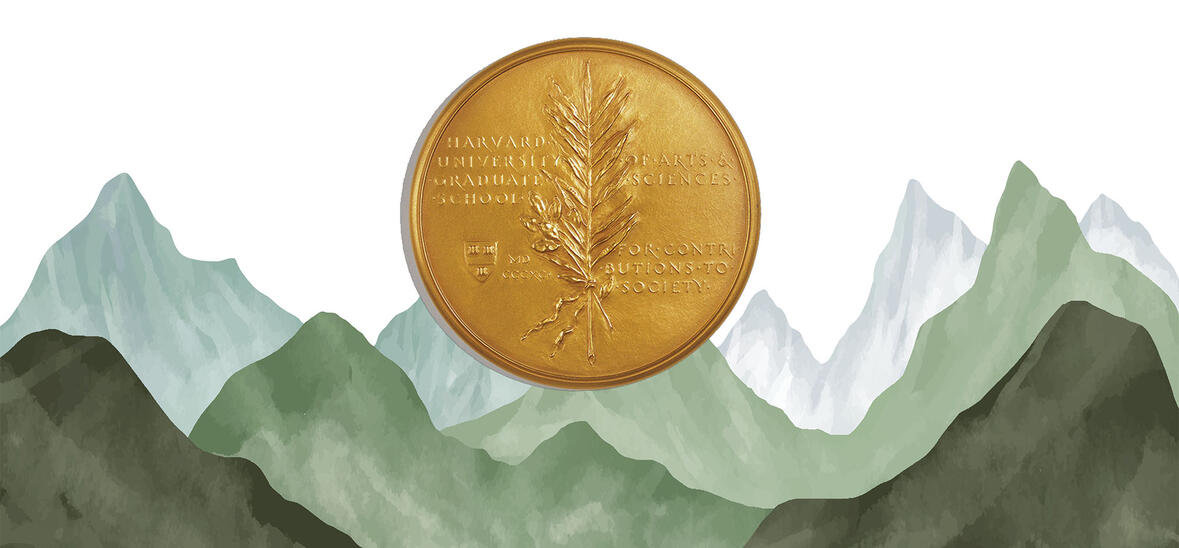 green watercolors in shape of mountains with Centennial Medal emblem over it