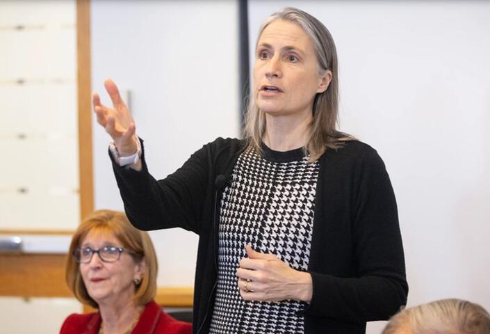 Fiona Hill, PhD '98, speaking at Harvard Kennedy School