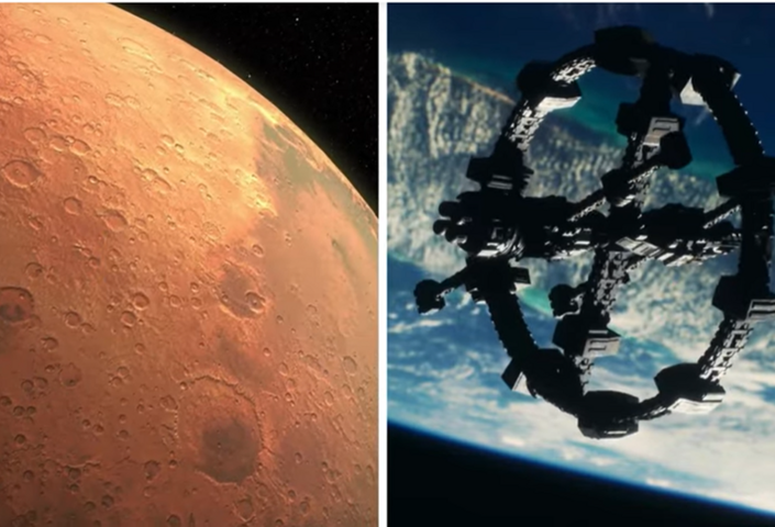 Side by side photos of Mars and a space station