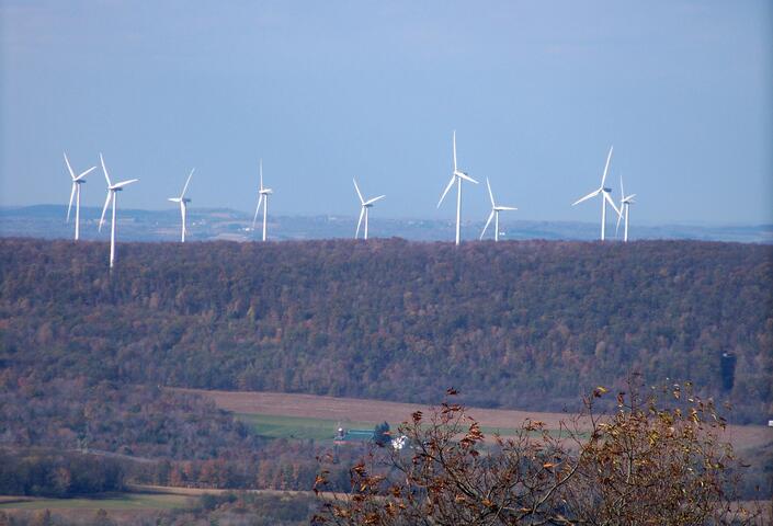 View of some ridgetop wind power turbines from the summit of Blue Knob