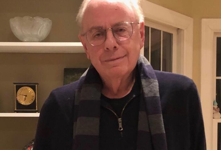 Roger Rosenblatt in the scarf given him by his granddaughter Jessica. (2019)