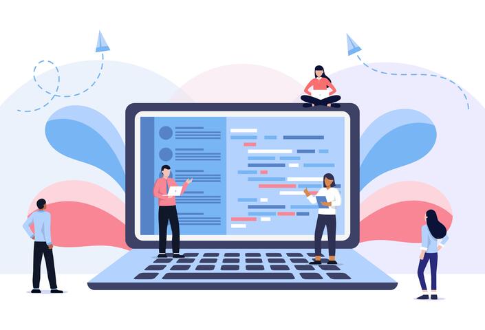 illustrated figures sitting on a giant laptop and coding