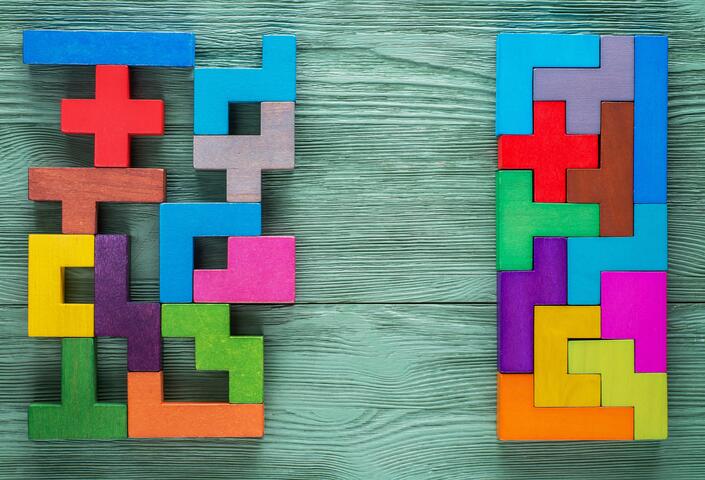 Tetris blocks being formed into a logical structure