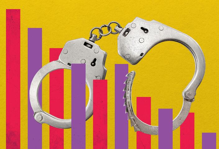 Image of a pair of handcuffs over a bar graph