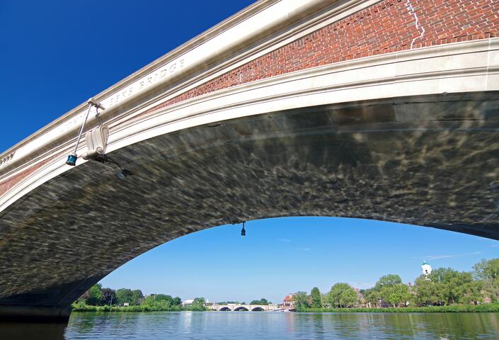 view from the Charles River passing under Weeks footbridge