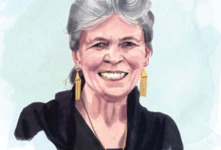 Illustration of Joan Steitz with blue painted background