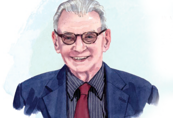 Illustration of Martin Duberman with blue painted background