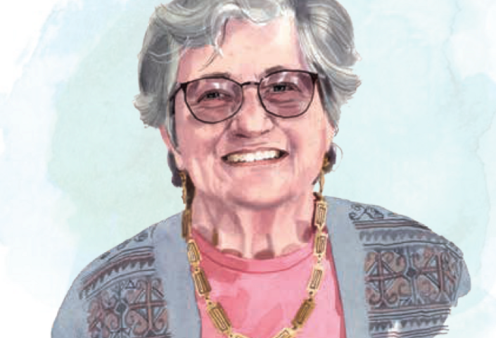 Illustration of Myra Marx Ferree with blue painted background