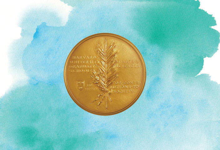 Centennial Medal over blue-green water color background