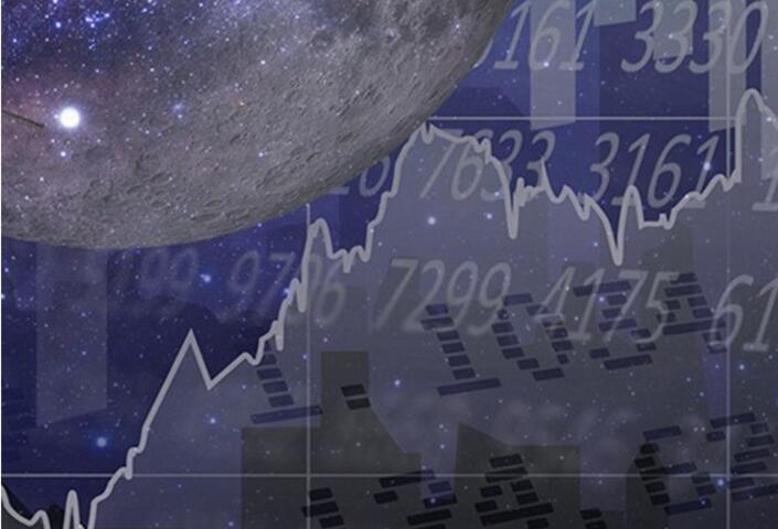 Stock image of stars, planet, stock chart, and numbers