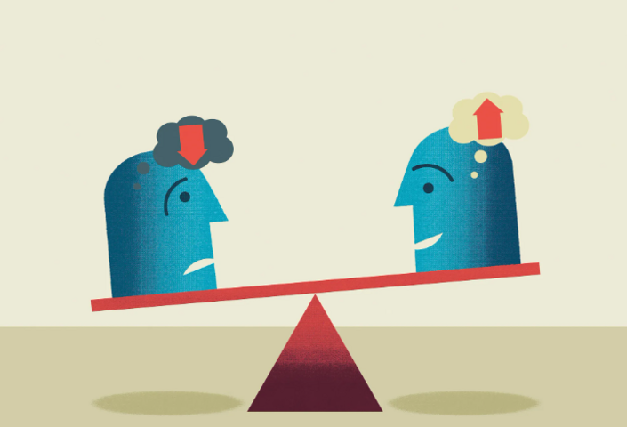 Illustration of two blue heads on a seesaw, one with a dark cloud above it and an arrow pointing down, the other with a white cloud and an arrow pointing up. 