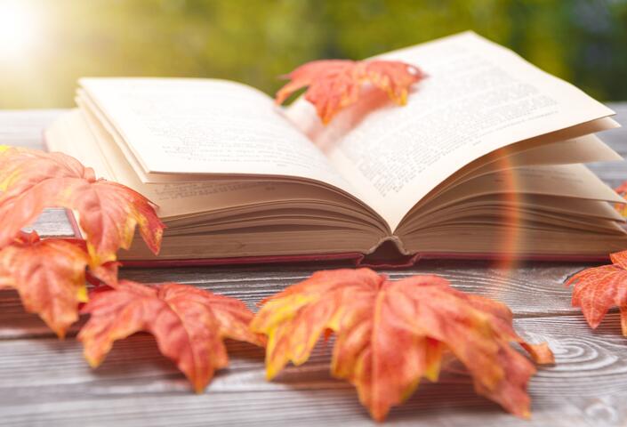 an open book with fallen maple leaves on top of it