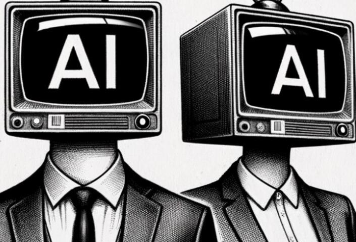 Illustration of two business people with televisions as heads that say, "AI"