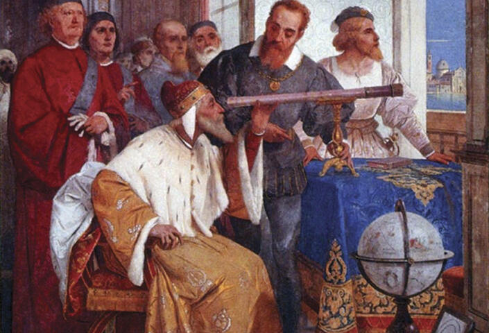 Galileo showing the doge of Venice how to use a telescope