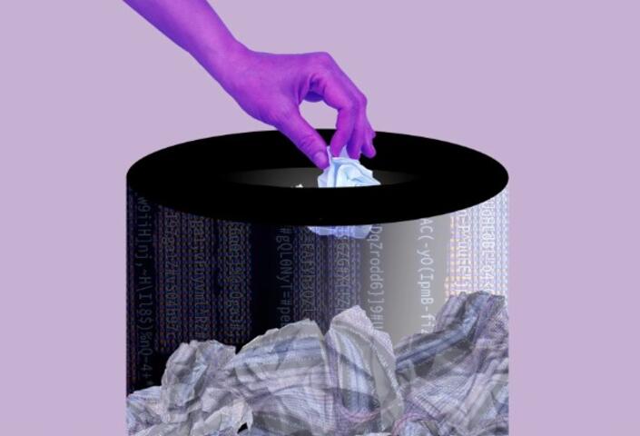 Image of a hand dropping a crumpled piece of paper into a trash basket with computer code superimposed on the side