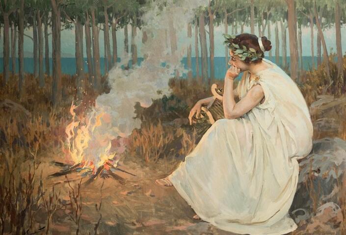 A 19th-century painting by Eduard Simonet, of Sappho staring at a fire, holding her lyre and wearing the laurel wreath that marks her status as a poet.