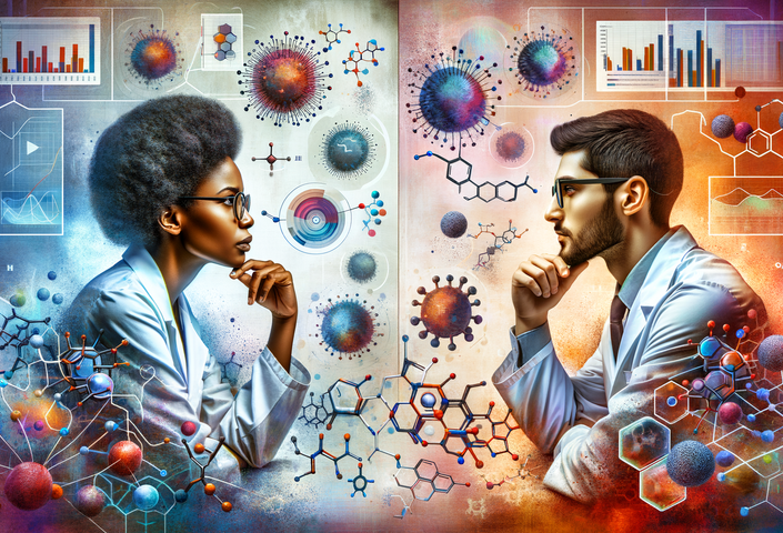 AI generated image of two scientists looking at one another with lab coats on and different science particles floating around them