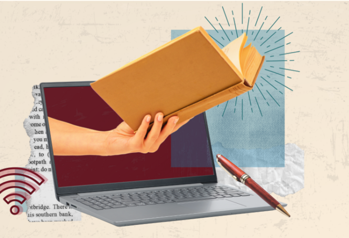 Illustration of a hand holding a book and emerging from a laptop computer screen