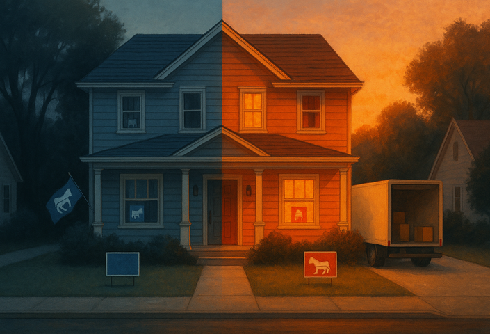 House with half blue and half red overlay