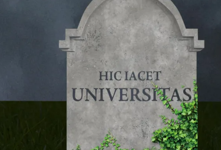 Illustration of a tombstone on which is inscribed "HIC IACET UNIVERSITAT."