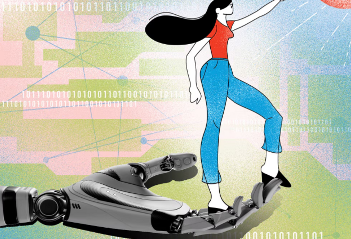Illustration of woman standing on an extended mechanical hand and reaching toward the sun