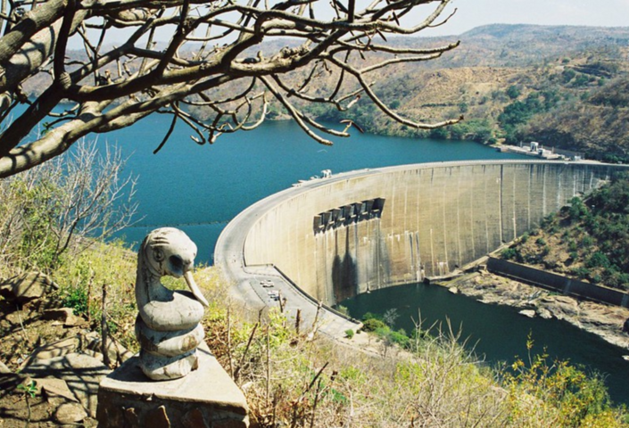 Kariba Dam, built on Zambezi River between Zimbabwe and Zambia in the 1950s, impounds the largest artificial reservoir in the world. 