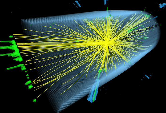 a collision event recorded by the CMS detector in 2012 corresponding to a decay of a Higgs boson into two photons