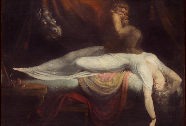 painting of a woman having a nightmare, with demons in background