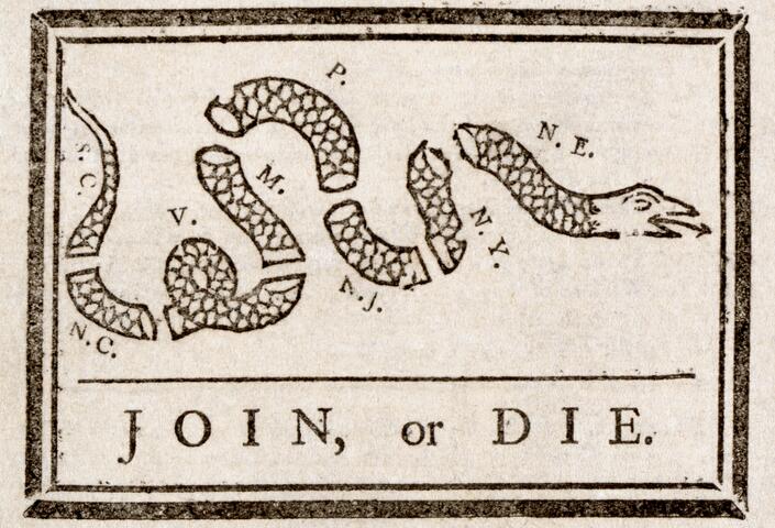 "Join or Die" cartoon by Benjamin Franklin