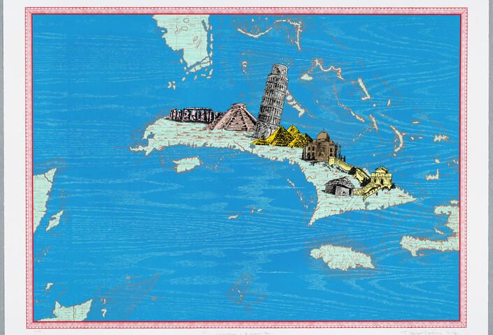 an island with symbols of 7 wonders of the world