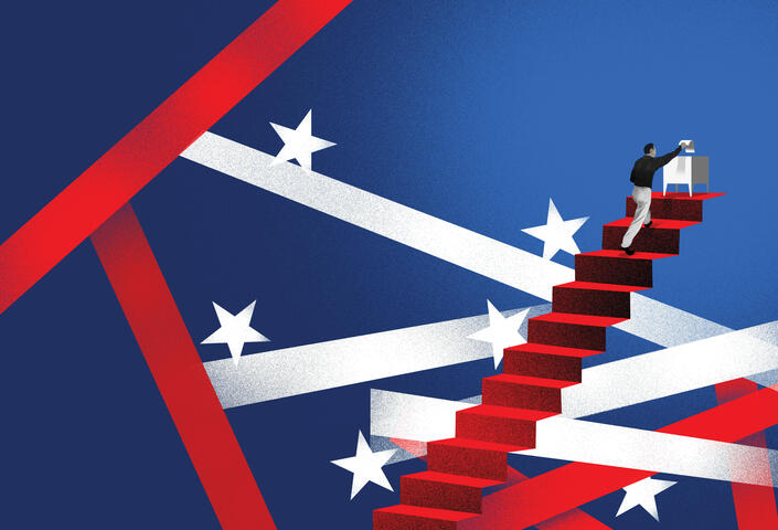 illustration of person walking up the stairs; blue background with red and white stars and stripes to represent voting in America