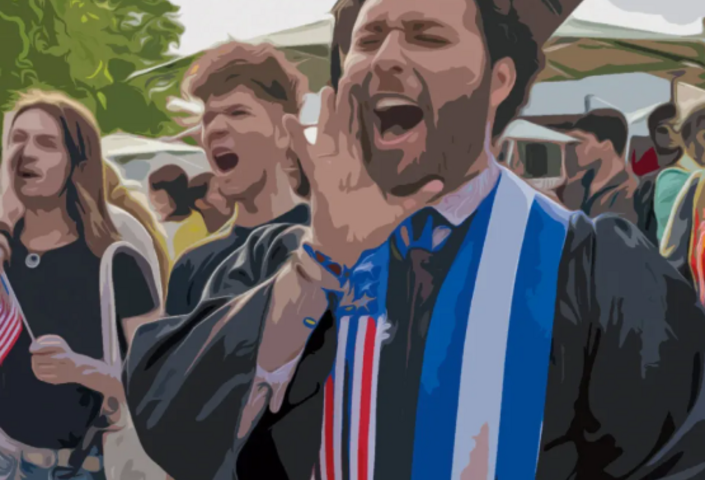 Illustration of student in regalia shouting/protesting
