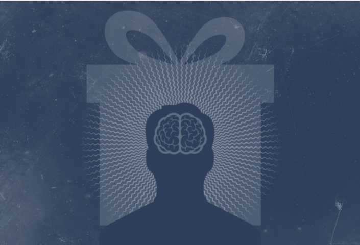 Illustration: Silhouette of human head with visible brain set against a gift package tied with a bow