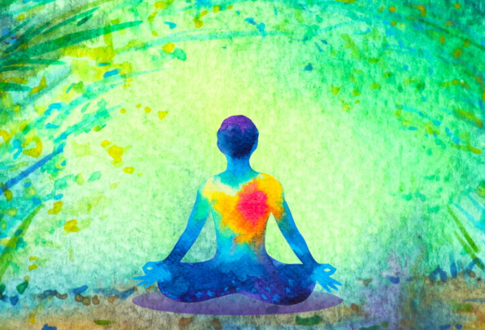 Colorful illustration of person sitting in meditation. Vantage point is from the back.