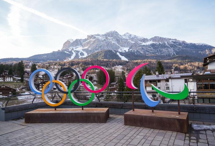 Cortina d'Ampezzo mountains with Olympic rings in foreground