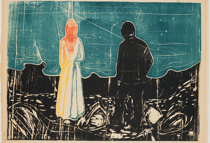 Munch painting of two figures, both looking away from us, one in white and one in complete shadow