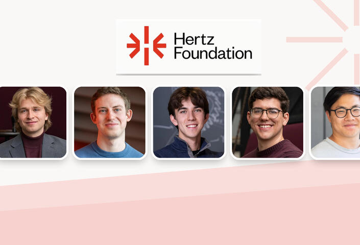 Banner photo of five Harvard Griffin GSAS Hertz Fellows with Hertz Foundation logo