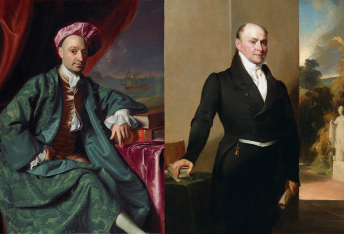 Side-by-side portraits: on the left, a man in a vibrant pink hat and teal robes; on the right, a man in a plain black suit.