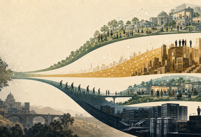 A conceptual illustration showing one technological “current” branching into four paths: broadly shared prosperity, unequal gains, temporary worker displacement, and concentrated wealth/permanent job loss.