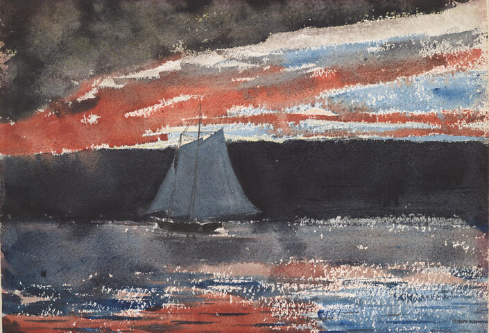 Winslow Homer watercolor painting of a schooner at sunset